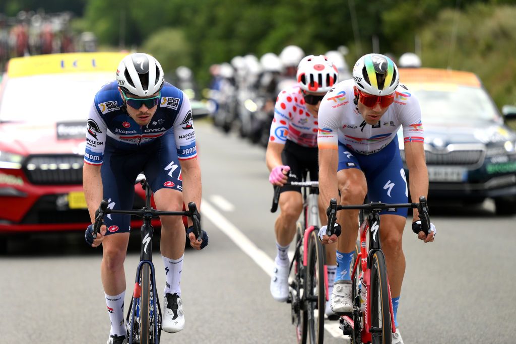 SAN SBASTIN SPAIN JULY 02 LR Remi Cavagna of France and Team Soudal Quick Step and Edvald BoassonHagen of Norway and Team TotalEnergies compete in the breakaway during the stage two of the 110th Tour de France 2023 a 2089km stage from VitoriaGasteiz to San Sbastin UCIWT on July 02 2023 in San Sbastin Spain Photo by David RamosGetty Images