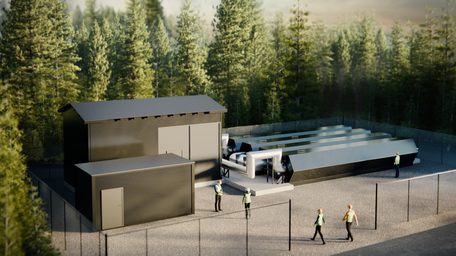 Conceptual illustration of the new generation of sand batteries, with people standing around buildings in a forest.