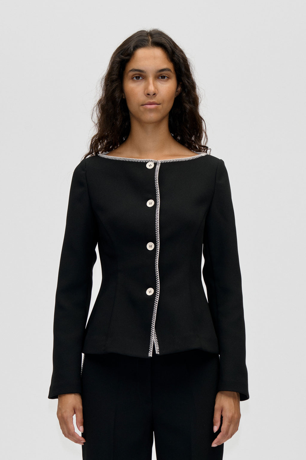 Square Neckline Tailored Jacket - Black