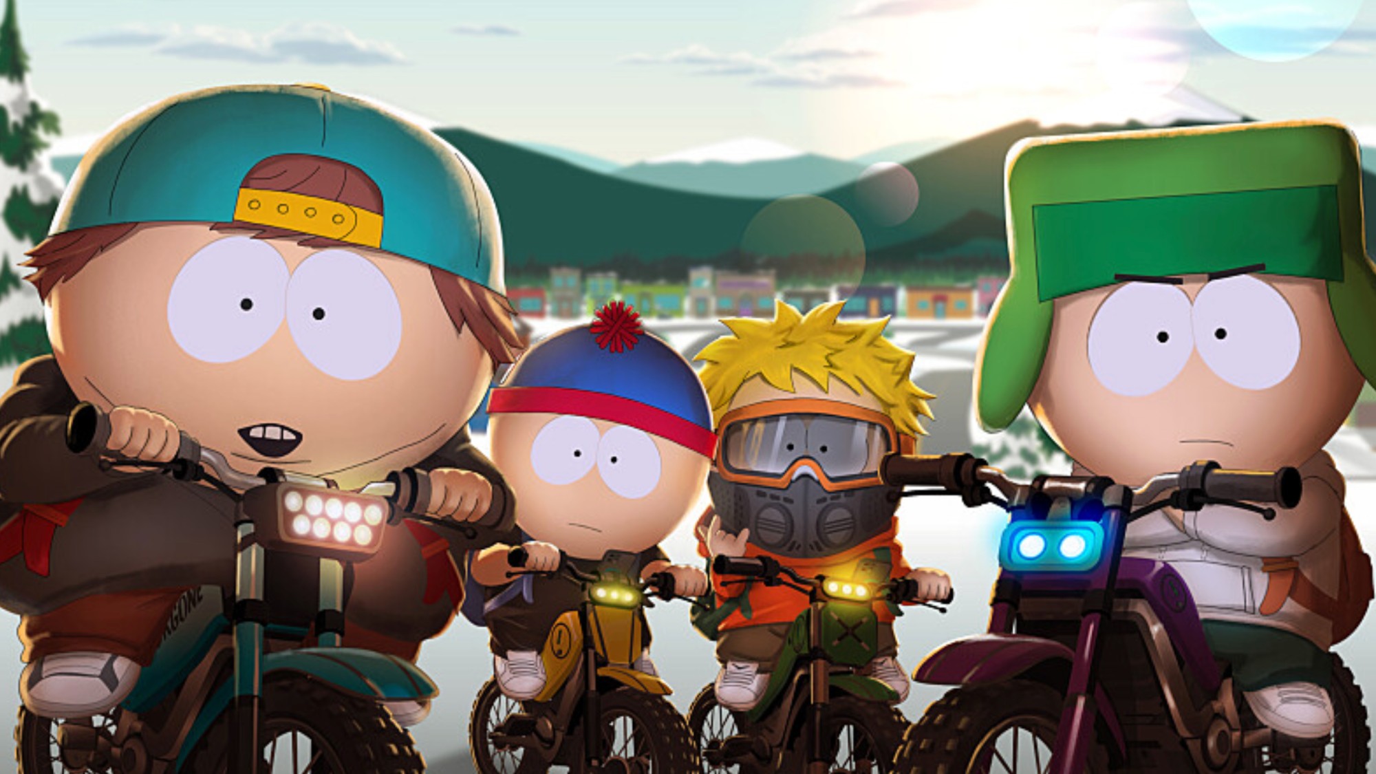 Cartman, Kyle, Kenny, and Stan on their ebikes.