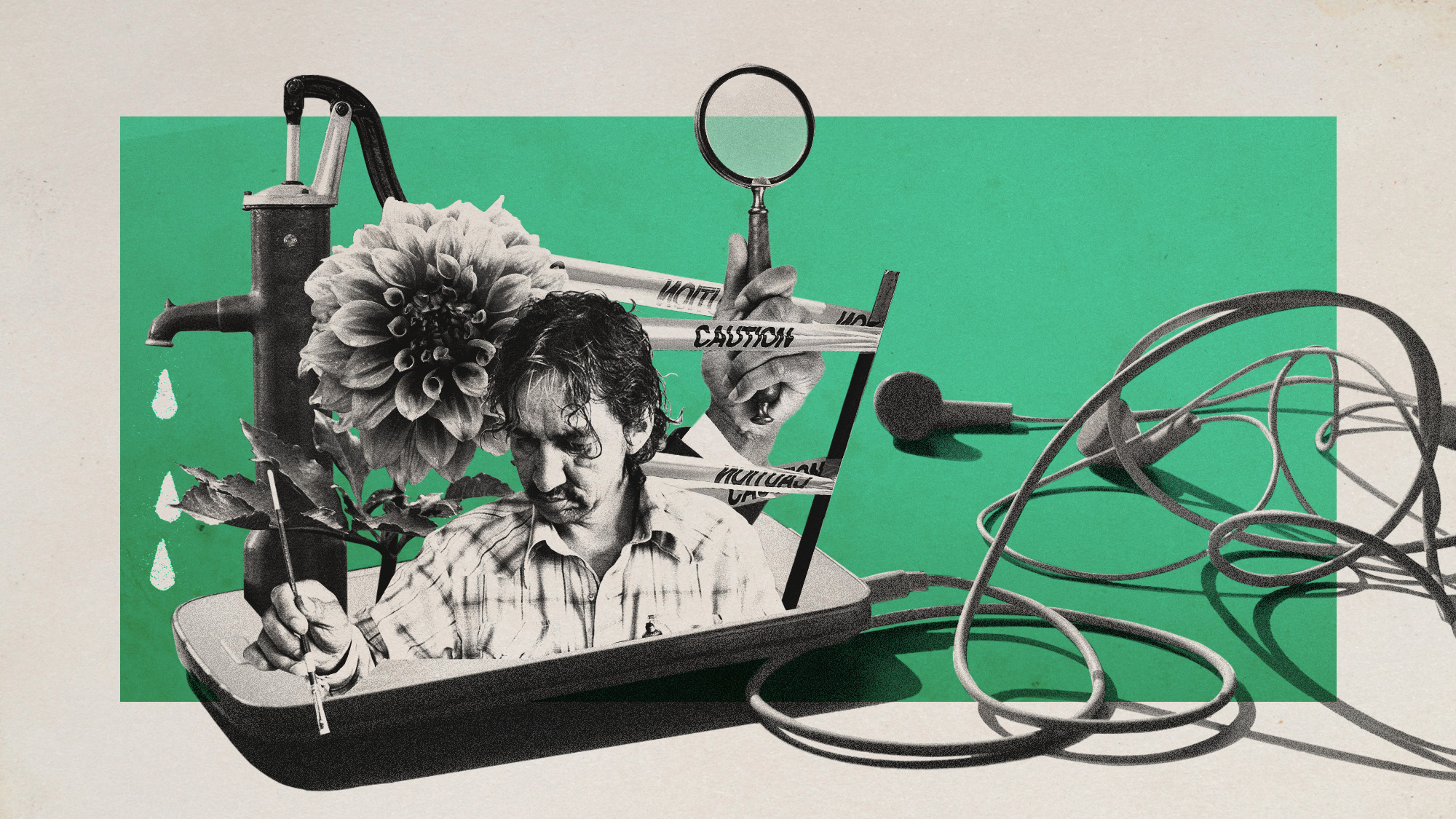 Photo collage of a phone with headphones plugged in. Out of the screen, police caution tape is coming out, as well as a water pump, a hand holding a magnifying glass, a dahlia flower, and the artist Norval Morrisseau