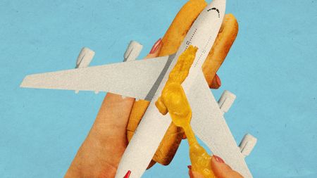 Illustrative collage of a woman spreading mustard on a hotdog. The sausage in the bun has been replaced with a model airplane.