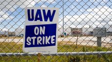 A UAW strike sign outside a Stellantis factory