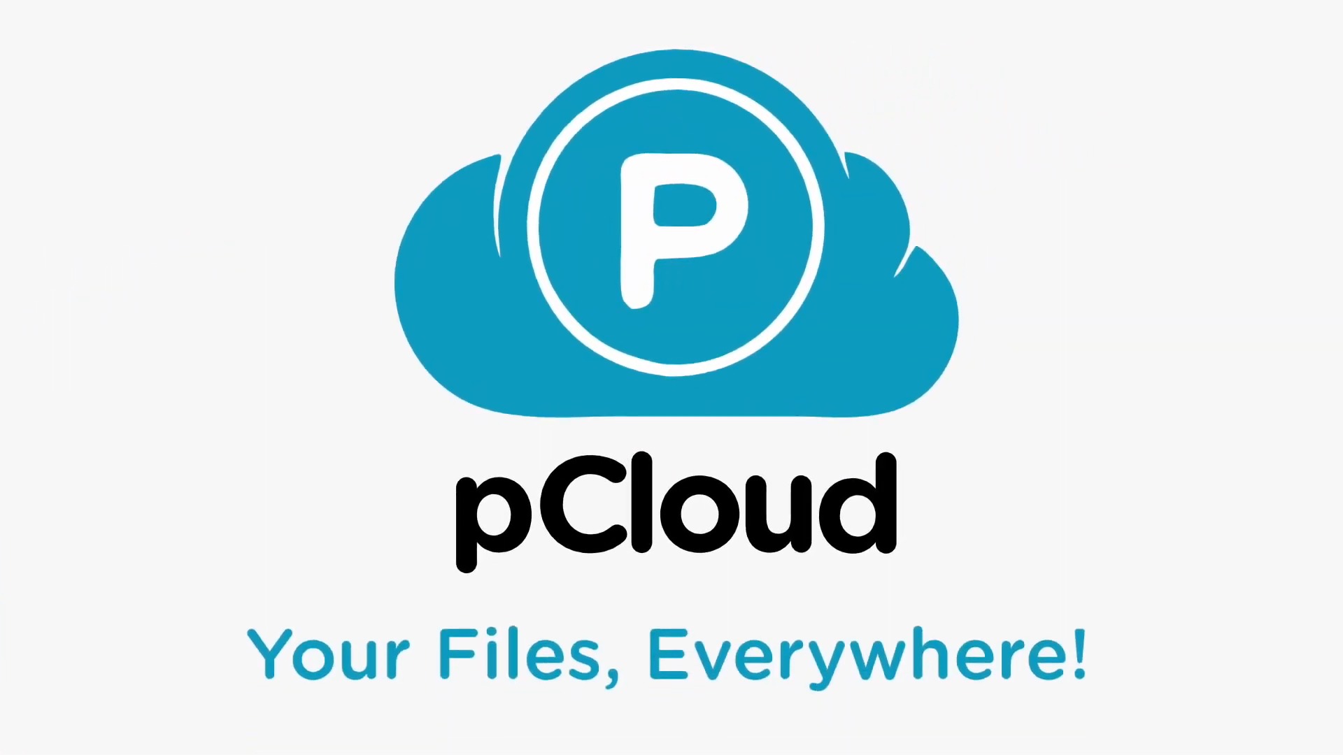Blue pCloud logo features a cloud with a "P" inside. Below, bold black text reads "pCloud" with the tagline "Your Files, Everywhere!" in blue.