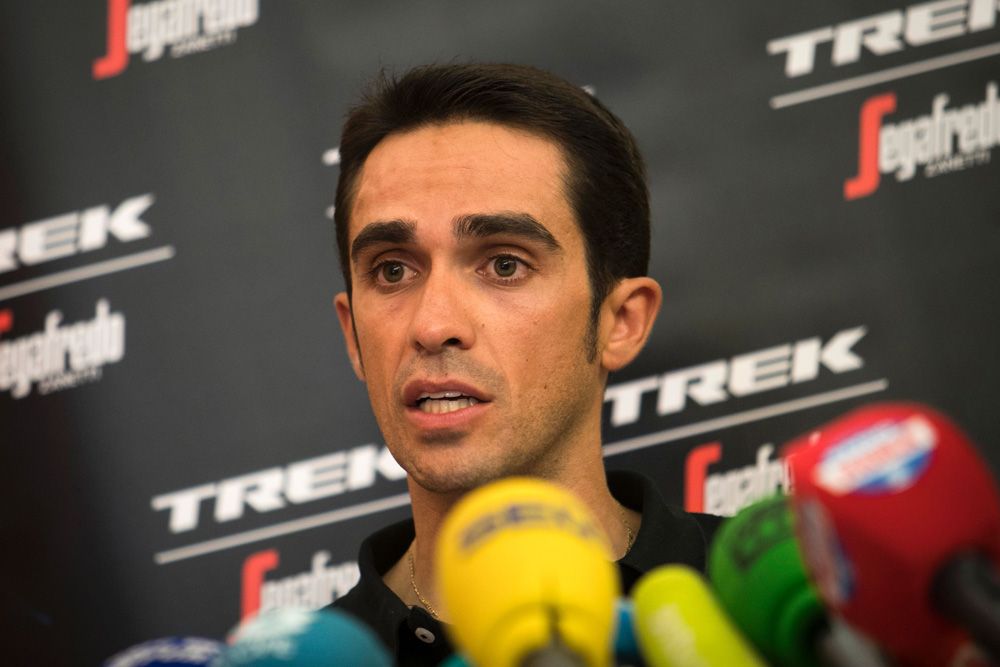 Alberto Contador speaks during his pre-Vuelta a Espana press conference