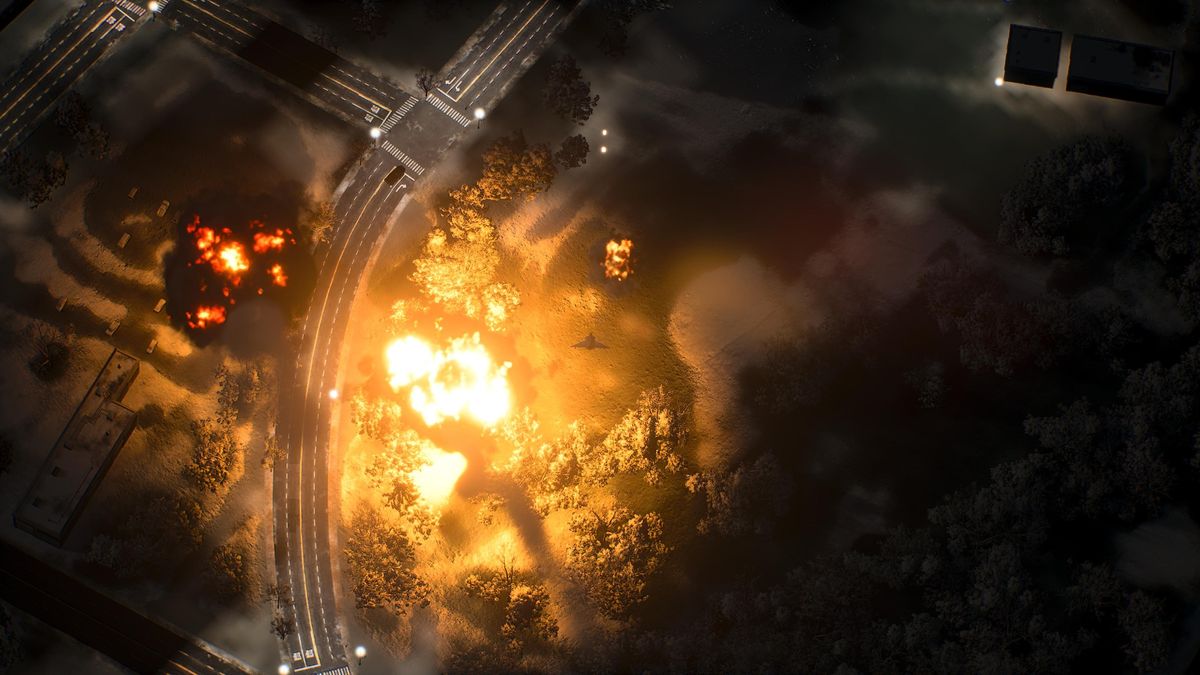 Ace Combat 8 screenshot showing an explosion on the side of a road