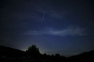 a meteor streaks through the night sky above a forest