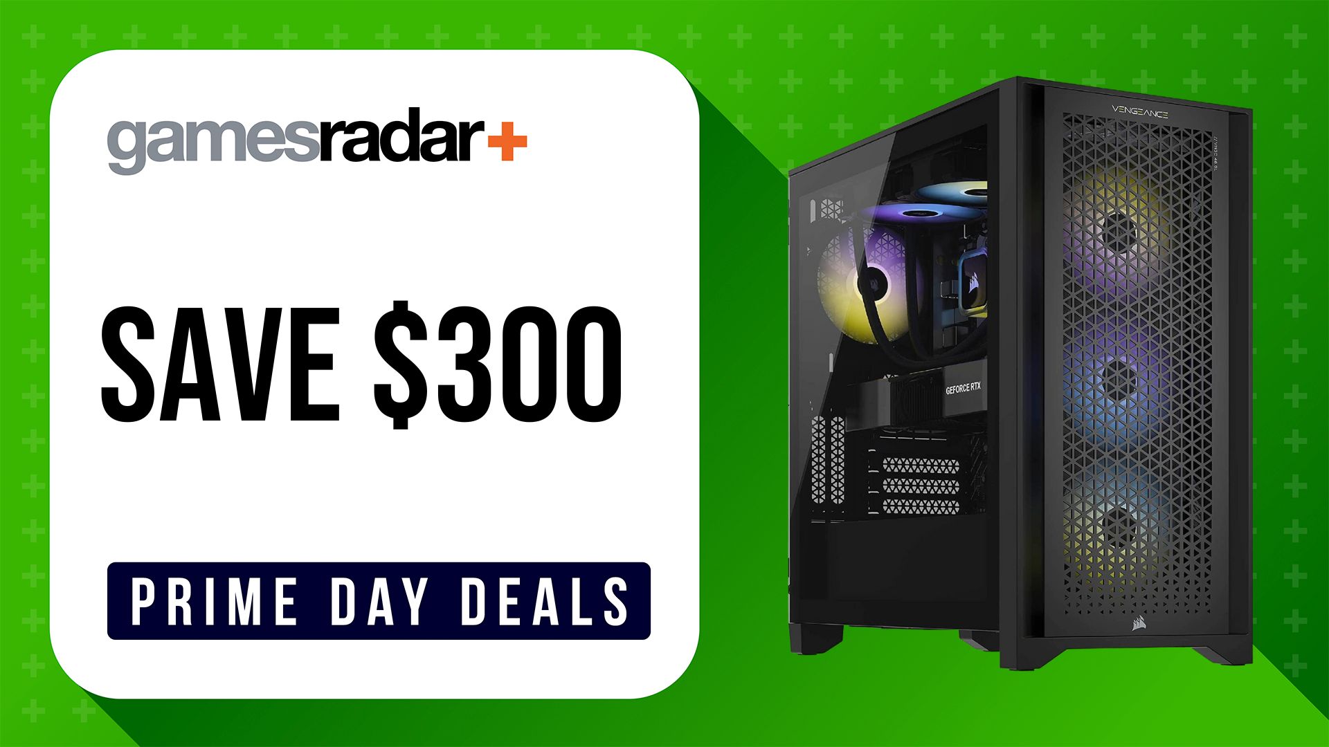 Corsair i7400 gaming desktop deal image on a green background with a save $300 stamp