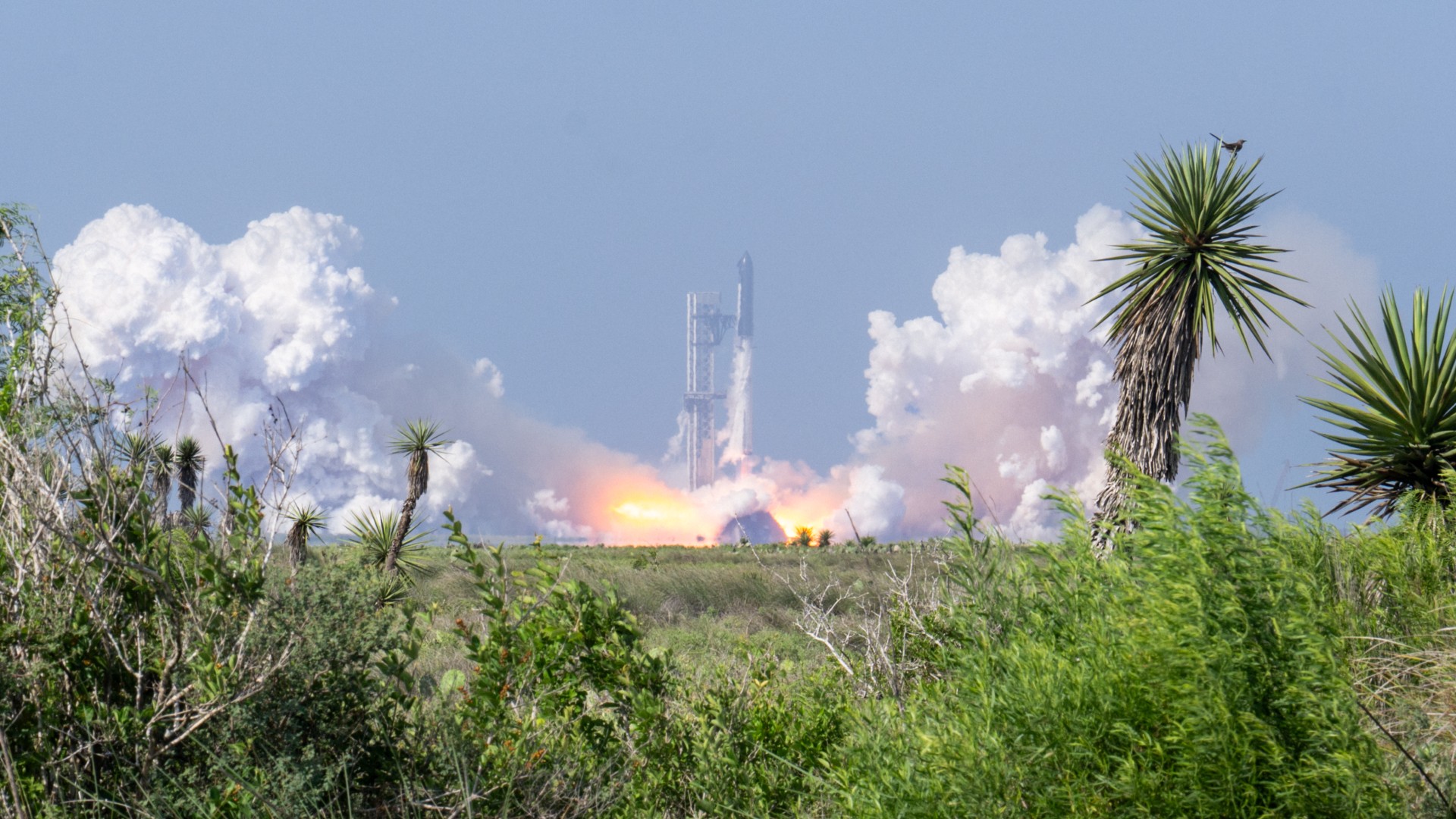 a large silver rocket launches above a plume of fire