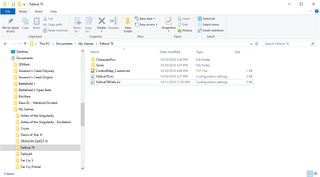 Windows explorer image showing the filepath location for the Fallout76Prefs.ini at Open Documents > My Games > Fallout 76