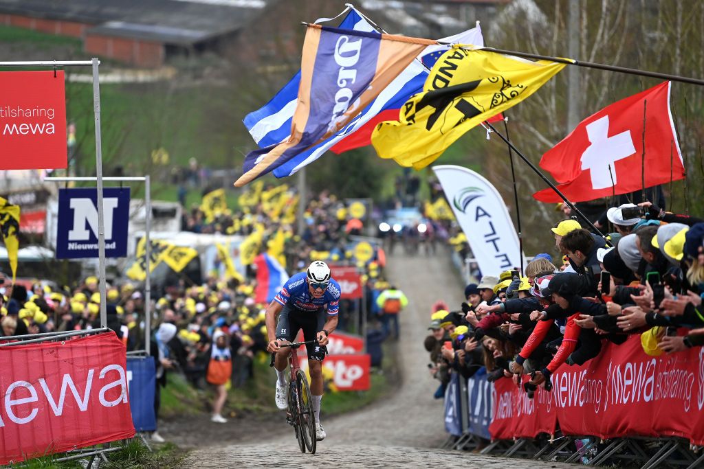 OUDENAARDE BELGIUM APRIL 02 Mathieu Van Der Poel of The Netherlands and Team AlpecinDeceuninck competes at Paterberg cobblestones sector during the 107th Ronde van Vlaanderen Tour des Flandres 2023 Mens Elite a 2734km one day race from Brugge to Oudenaarde UCIWT on April 02 2023 in Brugge Belgium Photo by Tim de WaeleGetty Images