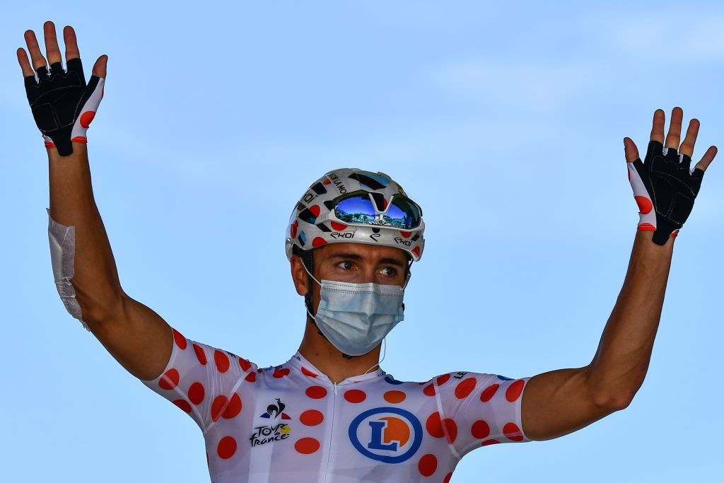 Team AG2R La Mondiale rider Frances Benoit Cosnefroy wearing the best climbers polka dot jersey poses on stage prior to the 4th stage of the 107th edition of the Tour de France cycling race 157 km between Sisteron and OrcieresMerlette on September 1 2020 Photo by Stuart Franklin POOL AFP Photo by STUART FRANKLINPOOLAFP via Getty Images