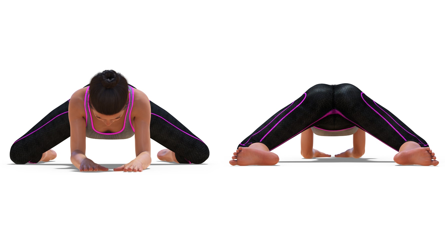 Image of person performing frog pose for hip flexor pain front and back position