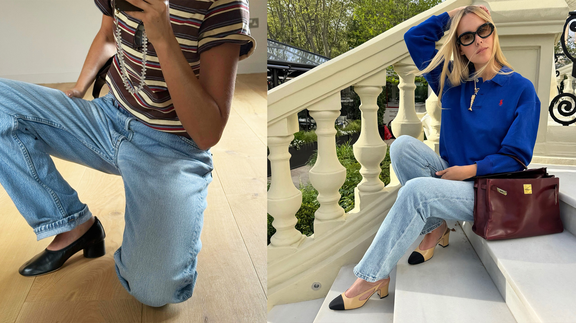 European women wearing jeans with '90s shoe trends