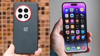 A OnePlus 13 side-by-side against an iPhone 14 Pro