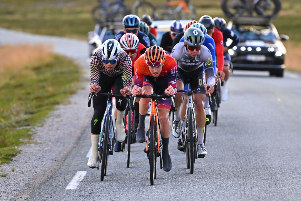 Tobias Nakken (Trinity Racing), Kristian Aasvold (Human Powered Health) and Pablo Carrascosa (Equipo Kern Pharma) take their turn at the front of the breakaway