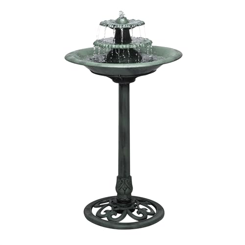 Alpine Corporation 35" Tall 3-Tier Outdoor Pedestal Water Fountain &amp;ndash; Durable Resin Cascading Water Feature and Birdbath for Garden, Patio, Deck, and Backyard, Green