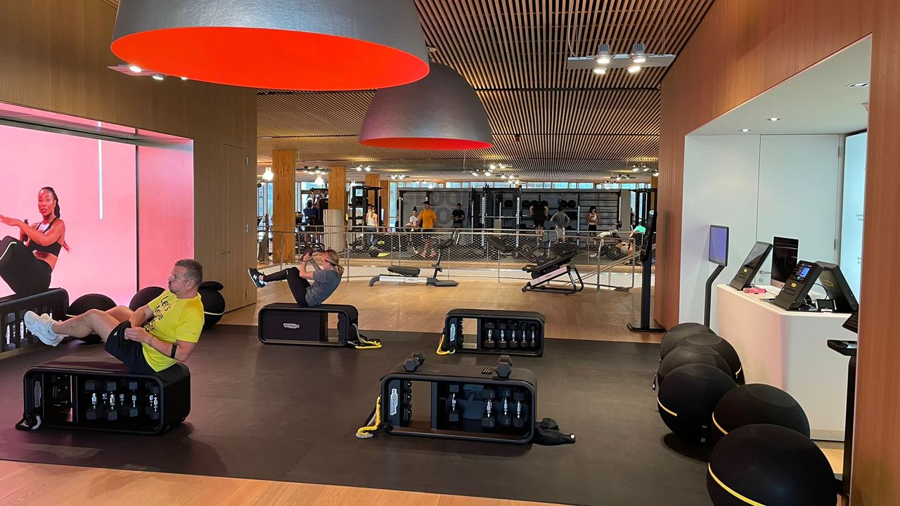 An exercise class at the Technogym village