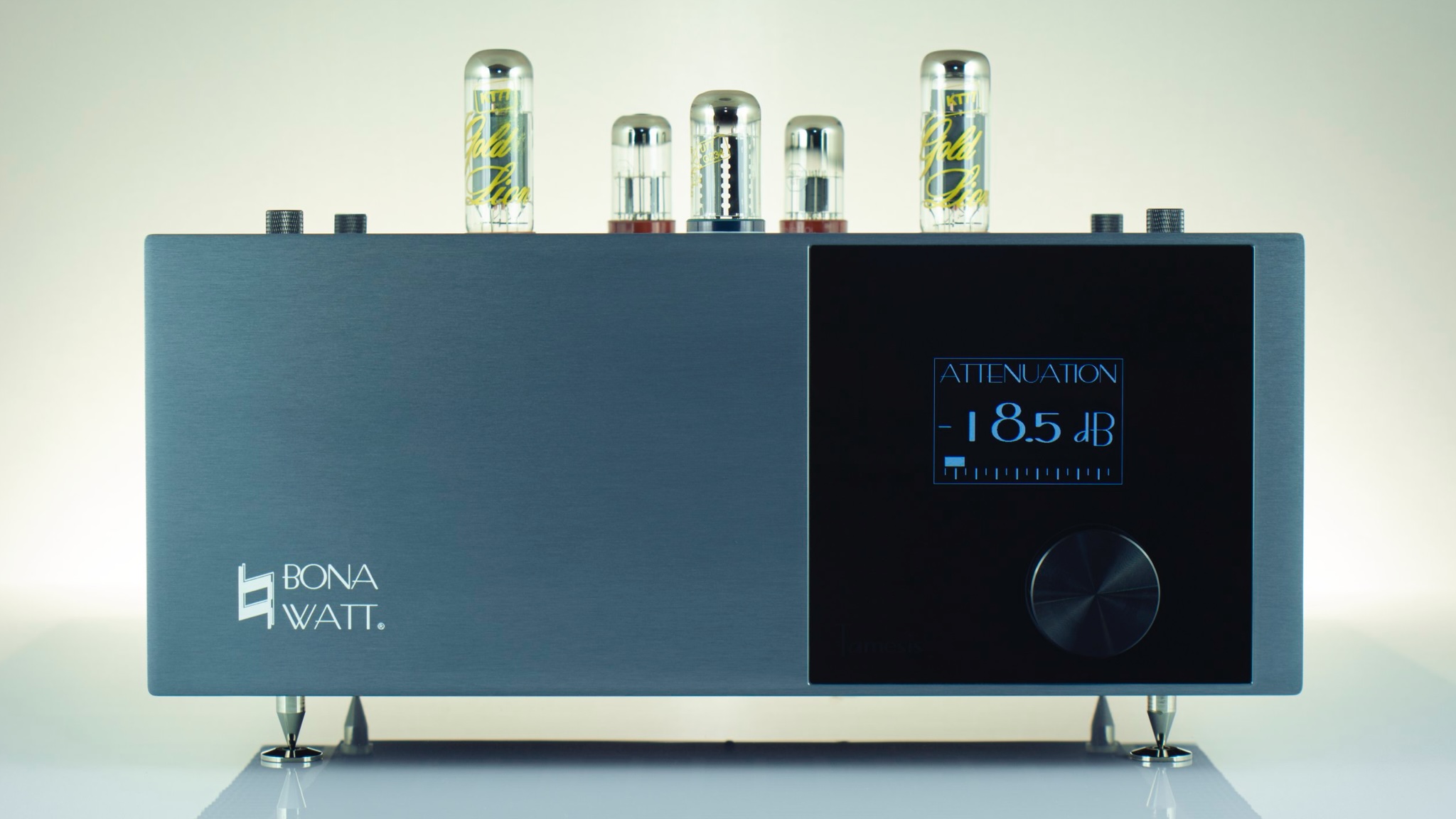 Bonawatt Tamesis amp in a grey finish shot against a neutral background