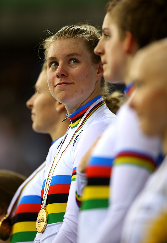 nnifer Valente of America celebrates her gold medal in the Women's Team Pursuit