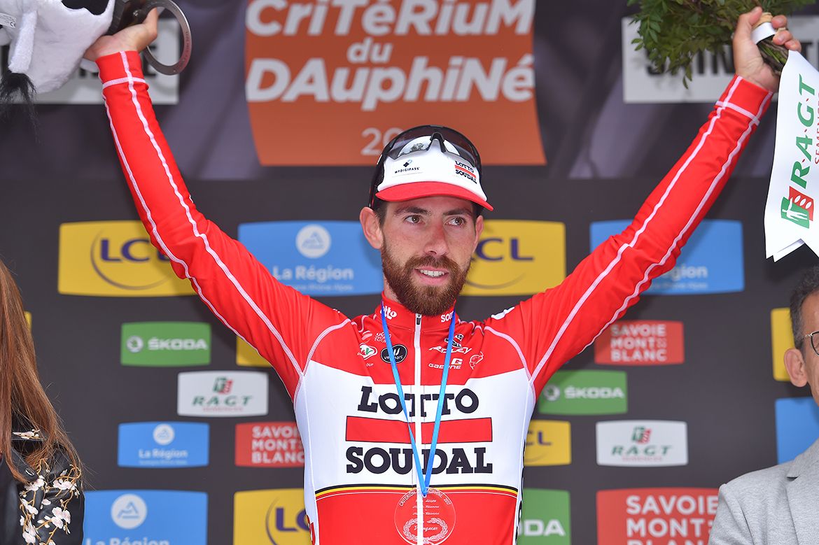 Thomas De Gendt on the podium after stage 1 of the Crit&eacute;rium du Dauphin&eacute;