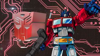 Optimus Prime, the Autobot badge beside him, points to the horizon