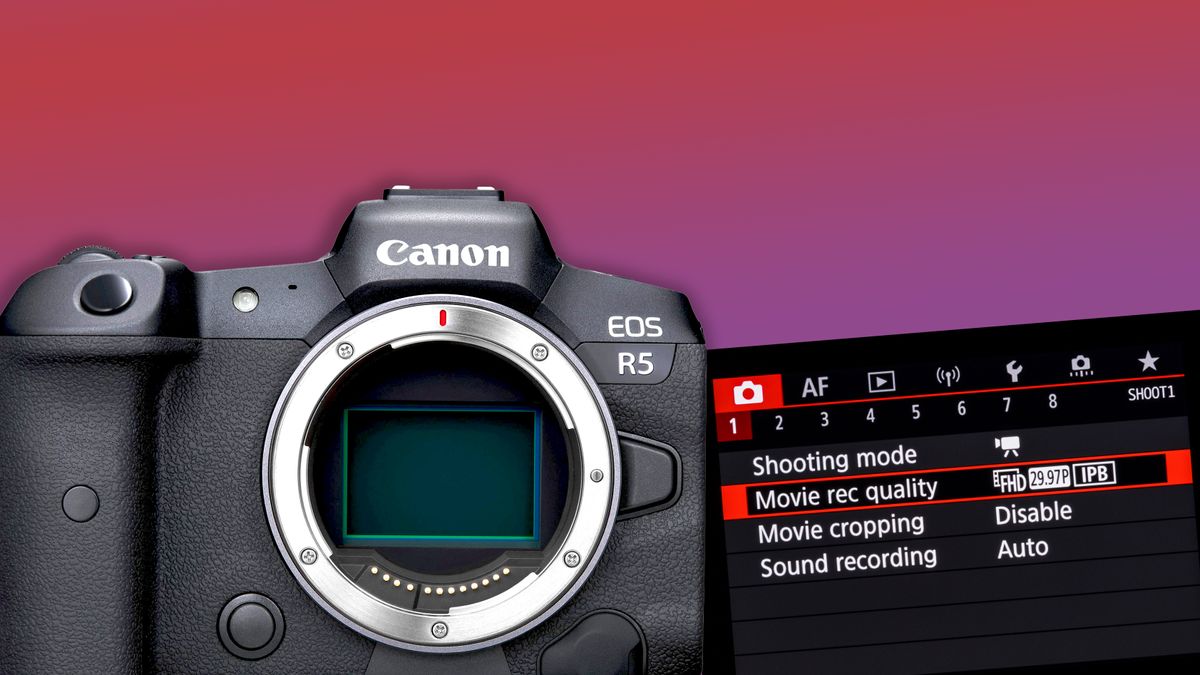 Canon EOS R3 and the Canon movie menu against a red gradient background