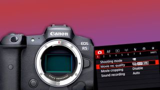 Canon EOS R3 and the Canon movie menu against a red gradient background