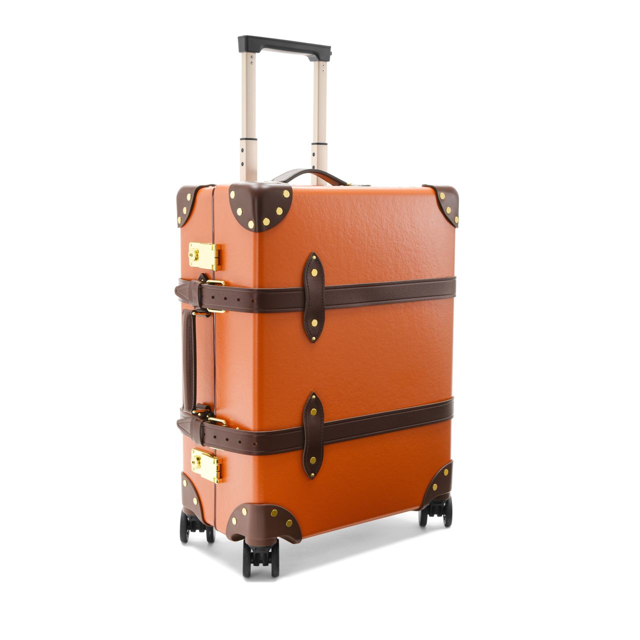 Marmalade suitcase photographed at an angle on a white background