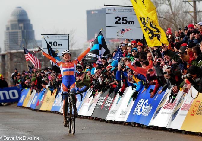 Marianne Vos (Rabobank) celebrating her World Cyclocross Championship in front of a massive crowd in Louisville, Kentucky