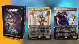 Eternal Might Commander deck box and the two face commanders beside each other