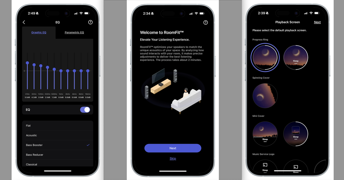 Three screen-grabs of the WiiM Sound's companion app, showing various features such as room calibration, EQ, setup process and toggles within the app