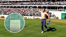 Main image of a shirtless Joel Dahmen at the 2022 WM Phoenix Open and an inset image of Dahmen's 2026 WM Phoenix Open exemption-request letter