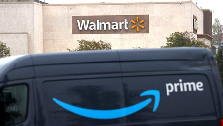An Amazon Prime van parked in front of a Walmart store