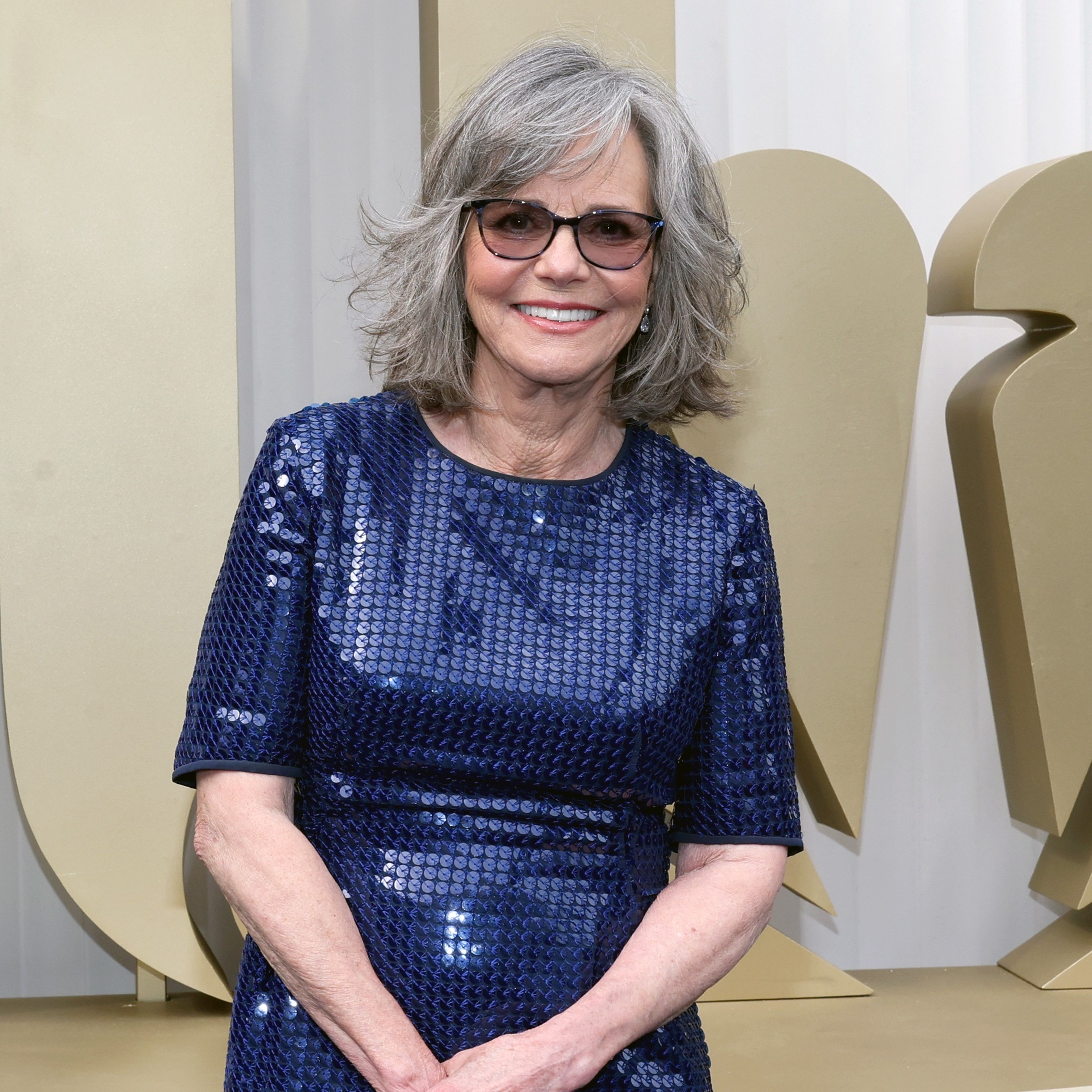 sally field wears long blue sequin dress at the 2026 emmy awards