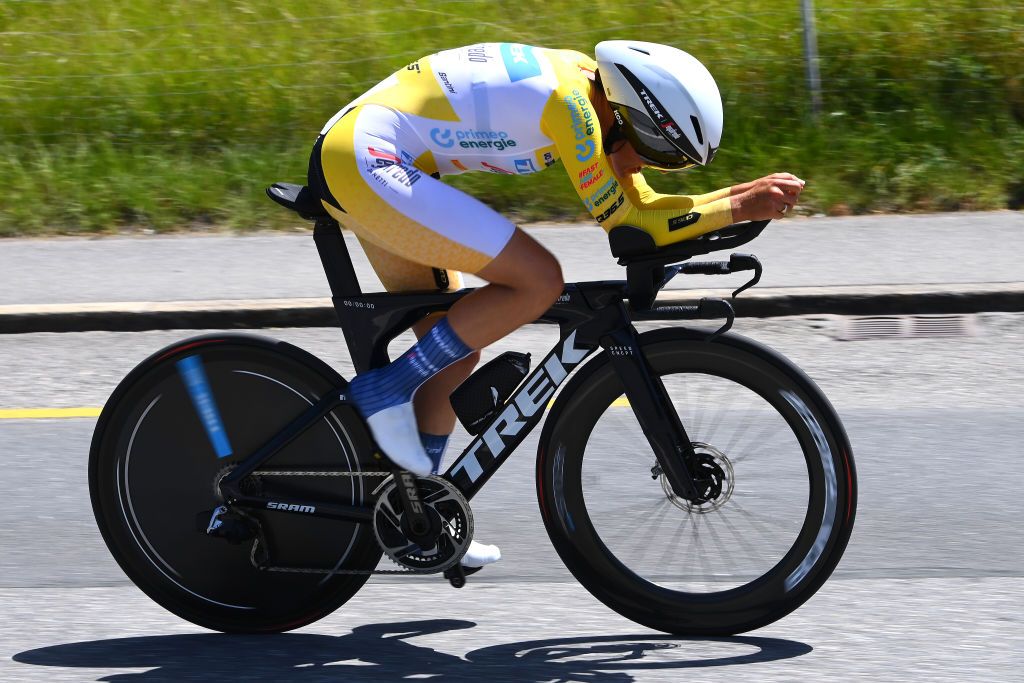 VADUZ SWITZERLAND JUNE 19 Lucinda Brand of The Netherlands and Team Trek Segafredo Yellow Leader Jersey sprints during the 2nd Tour de Suisse Women 2022 Stage 2 a 256km individual time trial stage from Vaduz to Vaduz ITT ourdesuisse2022 on June 19 2022 in Vaduz Switzerland Photo by Tim de WaeleGetty Images