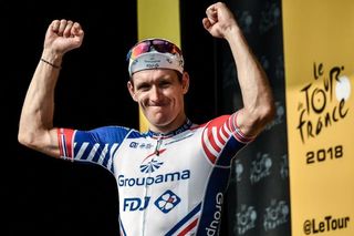 Arnaud Demare celebrates after winning stage 18 at the Tour de France
