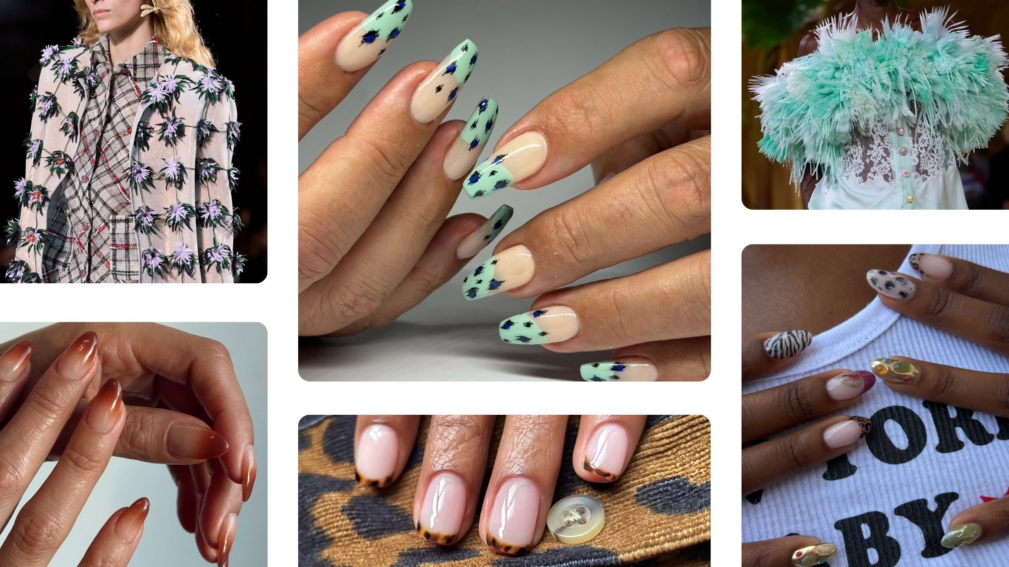 A collage of images from Chanel's S/S 26 RTW show and fall French manicures.