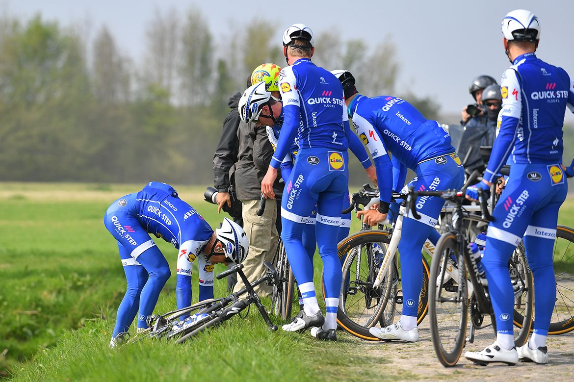 Zdenek Stybar picks himself up after crashing