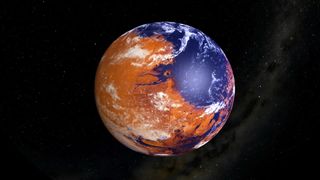 a planet, half reddish orange, half blue and white