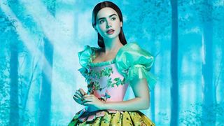 A young woman stands in a fancy dress against an icy backdrop