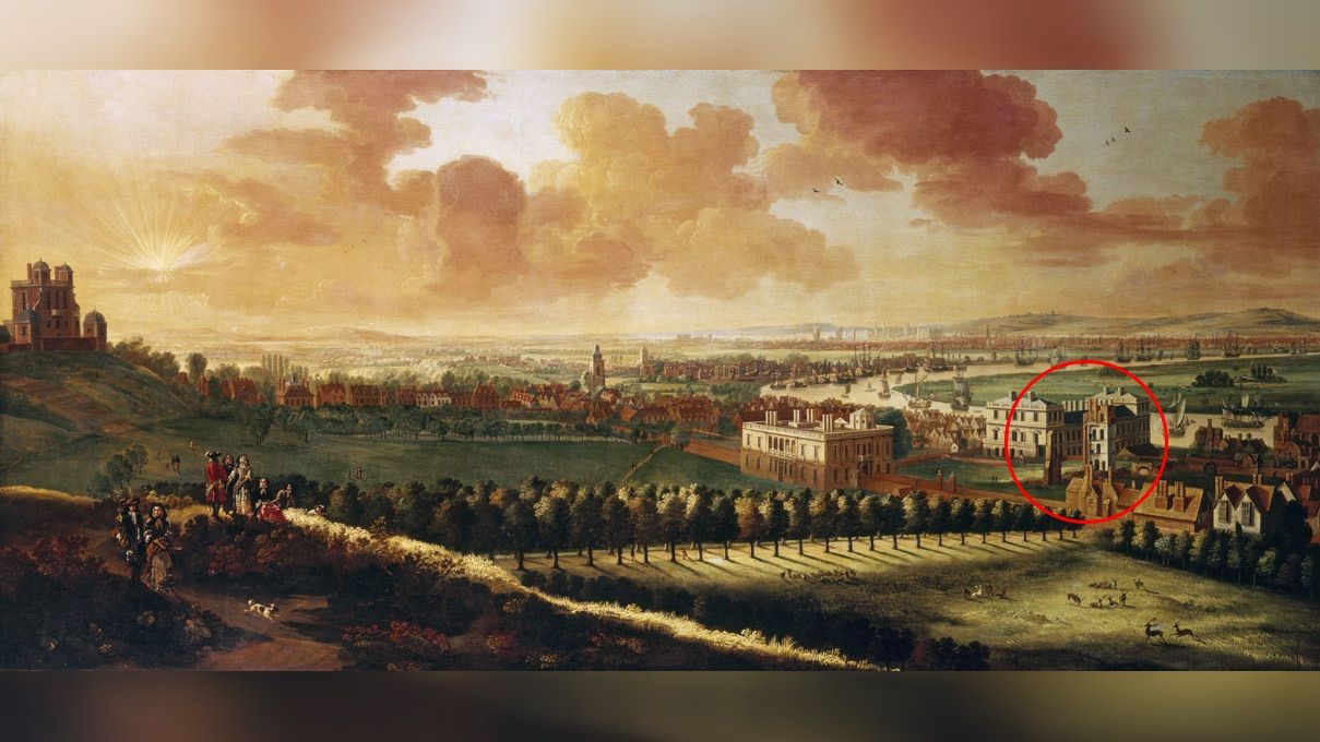In this painting, "Greenwich and London from One Tree Hill" (1680) shows the tiltyard in yet another spot (red circle).