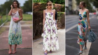 Split image of women wearing long floral flowy dresses with heels street style
