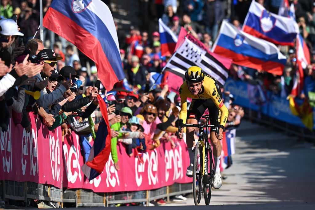 MONTE LUSSARI ITALY MAY 27 Sepp Kuss of The United States and Team JumboVisma crosses the finish line during the 106th Giro dItalia 2023 Stage 20 a 186km individual climbing time trial stage from Tarvisio 750m to Monte Lussari 1744m UCIWT on May 27 2023 in Monte Lussari Italy Photo by Stuart FranklinGetty Images