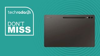 Samsung Galaxy Tab S9 Ultra with S Pen magnetically attached from the back in dark grey on a light green TechRadar Don't Miss banner