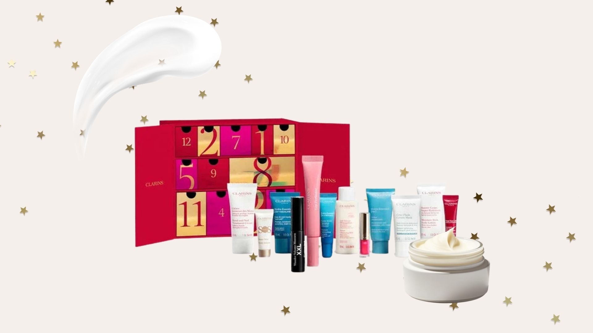 An open Clarins 12-Day Beauty Advent Calendar revealing various skincare and makeup products inside its numbered boxes.