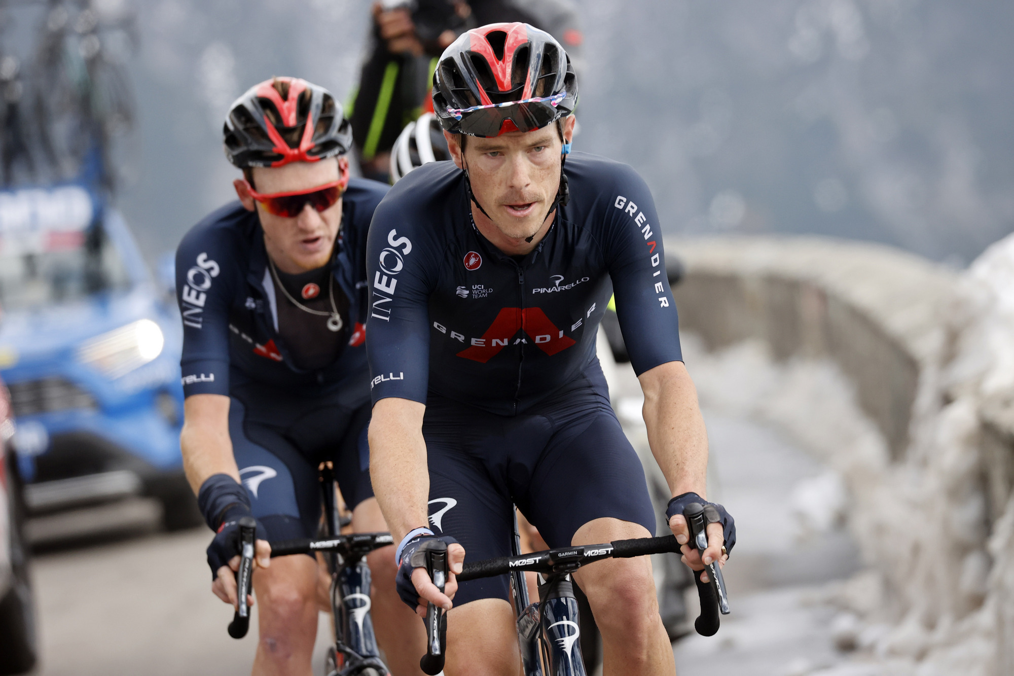 Rohan Dennis paces Ineos Grenadiers teammate Tao Geoghegan Hart up the Passo dello Stelvio on stage 18 of the 2020 Giro d’Italia