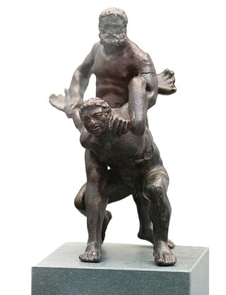 Shown here, a bronze artifact in Staatliche Antikensammlungen in Munich showing two pankratiasts fight it out, second century B.C