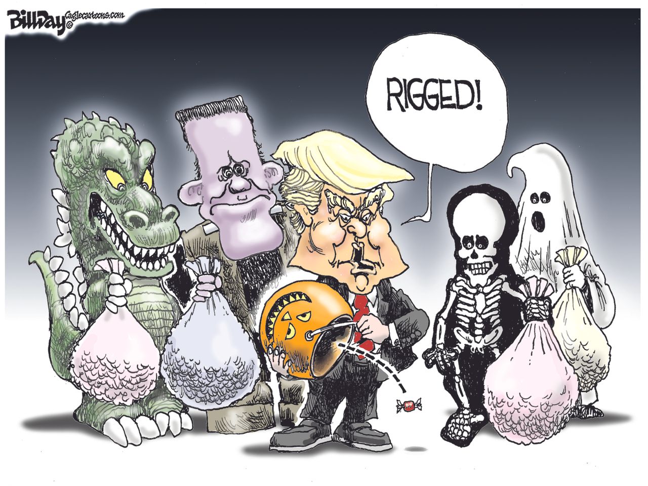 Political cartoon U.S. 2016 election rigged Donald Trump