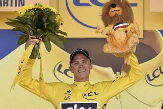 Chris Froome on the podium after winning Stage 10 and retaining the Yellow Jersey of the 2015 Tour de France (Watson)